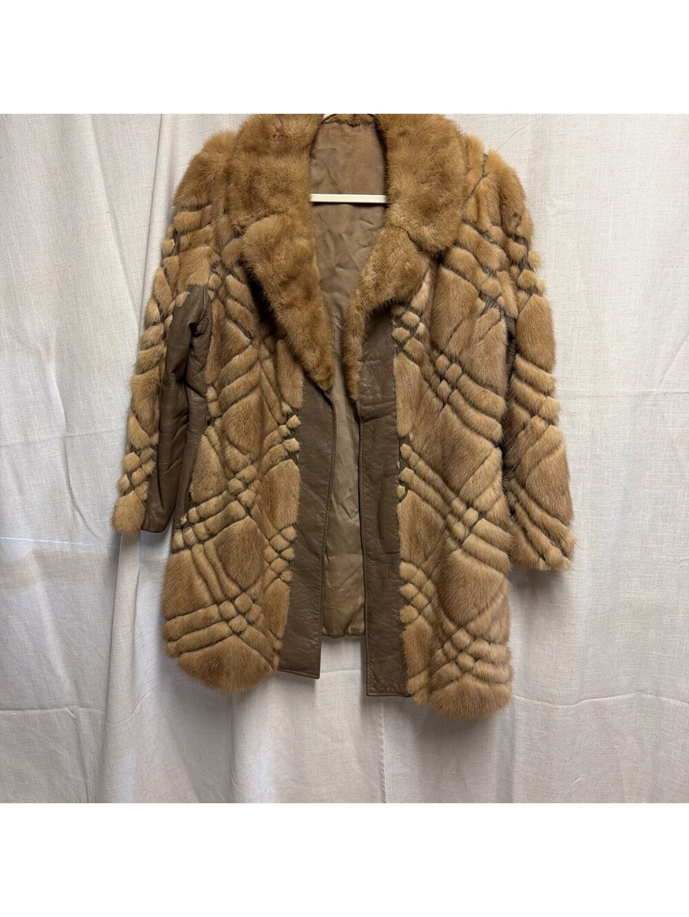 Womens Mink and Leather Tan Fur Open Front Coat